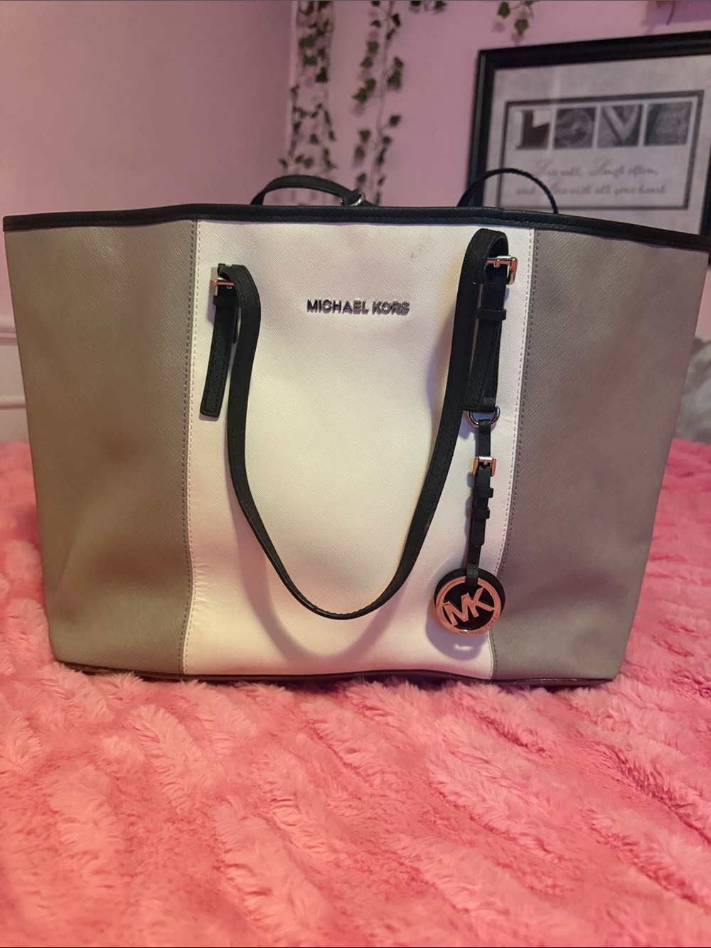 Michael Kors Gray and White Colorblock Tote with MK Charm